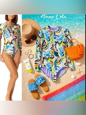Anne Cole swimsuit Sleeved one piece Rash Guard SZ  14 GORGEOUS! Beach, vacation